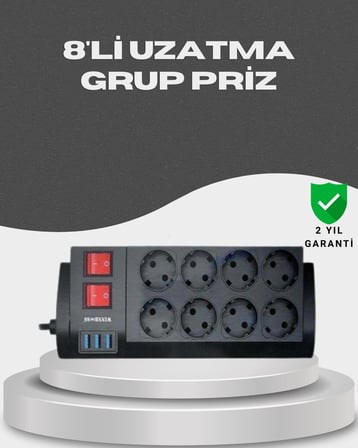 Akim Korumali 8’Li Priz 3 Usb’Li Uzatma Kablosu İsiya Dayanikli 2 Metre