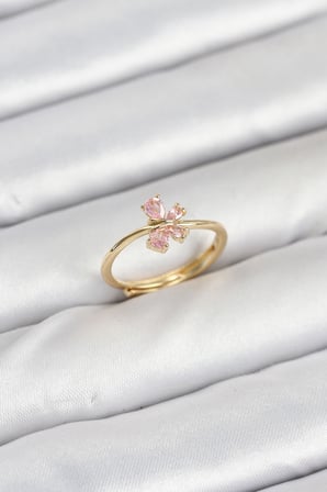 Pirinç Gold Renk Pembe Kelebek Kadın Yüzük 5886