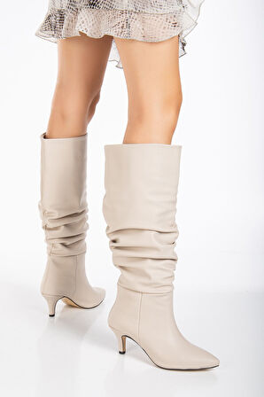 Lema Topuklu Deri Çizme BeJ