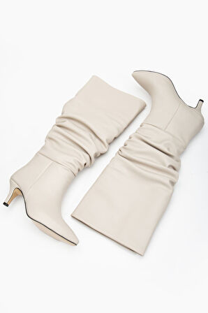 Lema Topuklu Deri Çizme BeJ