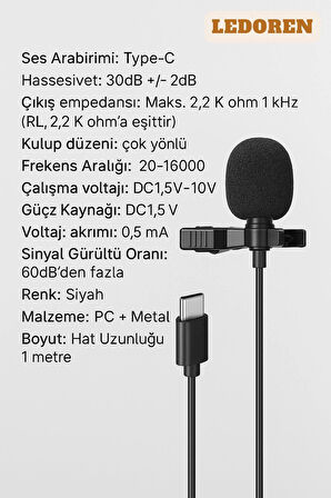 Cep Telefonu Mini Klipsli Mikrofon Type-c Uyumlu Kablo Uçlu Yaka Mikrofonu Samsung Ios Huawei Lg