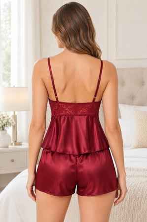 Loule Kadın Bordo Saten Dantelli V Yaka İnce Askılı Şortlu Pijama Takımı