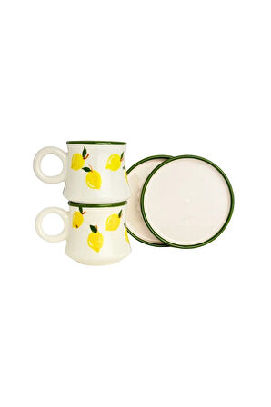 2’li Takım Limon Desenli El Yapımı Kazan Seramik Kahve Fincanı, Kahve Fincanı, Hand Made