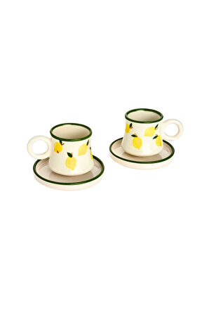 2’li Takım Limon Desenli El Yapımı Kazan Seramik Kahve Fincanı, Kahve Fincanı, Hand Made