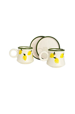 2’li Takım Limon Desenli El Yapımı Kazan Seramik Kahve Fincanı, Kahve Fincanı, Hand Made