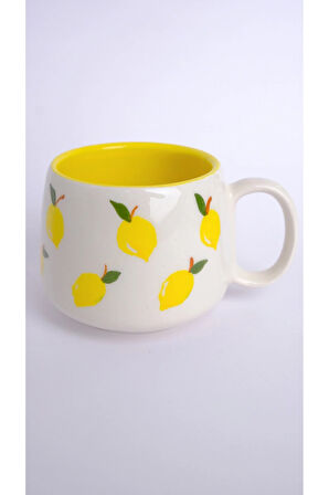 Limon Desenli El Yapımı Double Seramik Kupa, Seramik Kupa, Mug, Nescafe Kupası, Handmade