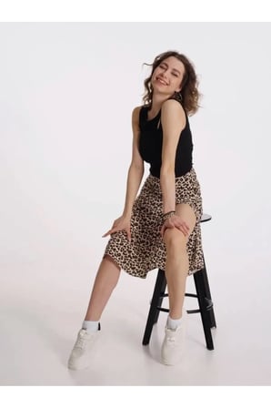 Leopar Kadın Midi Yırtmaçlı Etek 7020