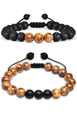 Kahverengi Siyah Benekli Jasper Taşı Makrome Bileklik Seti