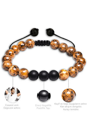 Kahverengi Siyah Benekli Jasper Taşı Makrome Bileklik Seti
