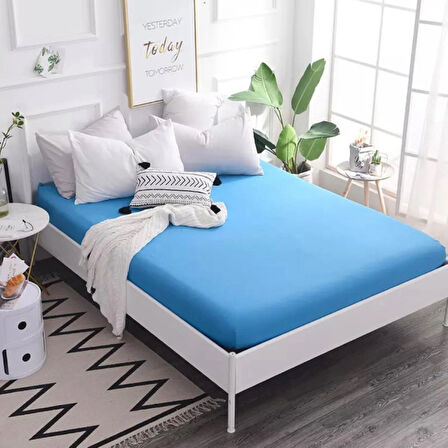 Mavi Renkli Pamuklu Penye Kumaştan Tek/Çift Kişilik Fitted Lastikli Çarşaf (160 x 200)
