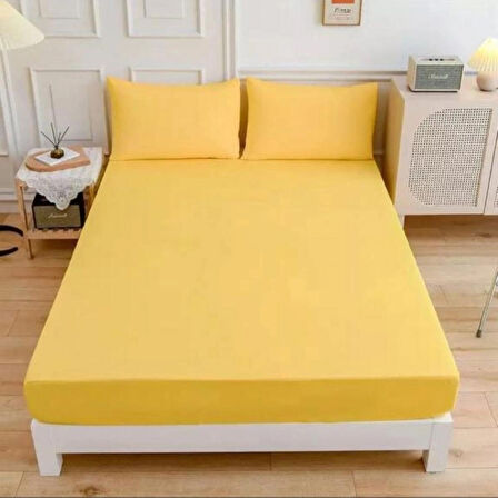 Sarı Renkli Pamuklu Ranforce Kumaştan Tek/Çift Kişilik Fitted Lastikli Çarşaf Takımı (200 x 200)