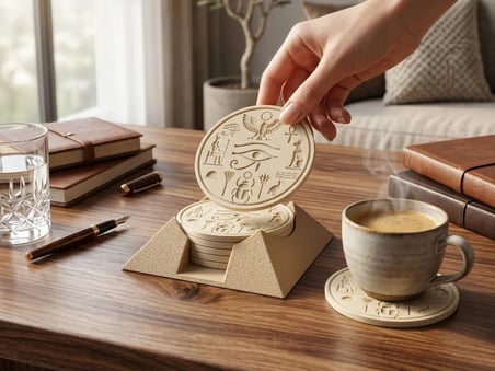 Riti Design Antik Mısır Temalı 3D Baskı 5'Li Bardak Altlığı Seti + Piramit Stand
