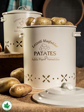 Metal Patates Soğan Kovası, Saklama Kabı İkili Set-Silindir Battal Boy (Lezzetli Mutfaklar-Aşkla Pişen Yemekler)