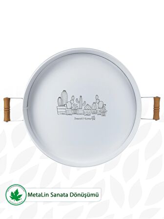 Ahşap Kulplu Yuvarlak Metal Servis Tepsisi 37cm, Kahve Tepsisi, Sunum Tepsisi (Kaktüs Baskılı)