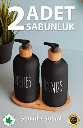 2’li Siyah-Beyaz Mutfak Sıvı Sabunluk Seti 500ml 500ml Bambu Tepsili Oval