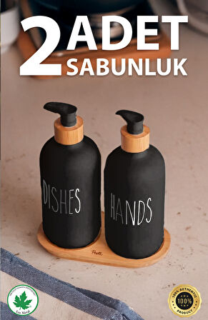 2’li Siyah-Beyaz Mutfak Sıvı Sabunluk Seti 500ml 500ml Bambu Tepsili Oval