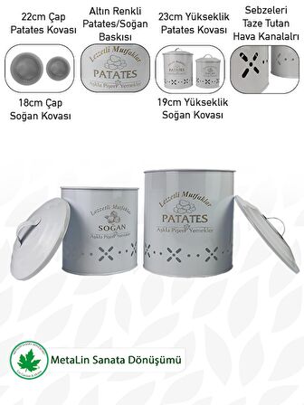 İki Katlı Silindir Metal Patates Soğan Kovası, Saklama Kabı, Sebzelik(Lezzetli Mutfaklar-Aşkla Pişen Yemekler Baskılı) LN1202