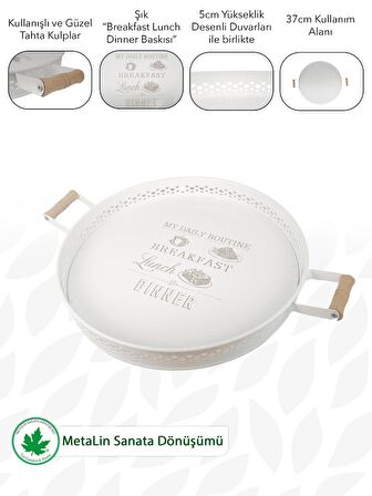 Ahşap Kulplu Desenli Yuvarlak Metal Servis Tepsisi 37cm, Kahve Tepsisi, Sunum Tepsisi (My Daily RoutineBaskılı)