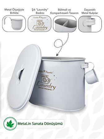 Bölmeli Metal Kapaklı Ölçekli Deterjanlık, Toz Deterjanlık Saklama, Banyo Düzenleyici, (Laundry Baskılı) LN1258