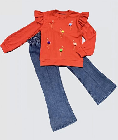 Lenaca 4-5-6 Yaş Kot Pantolonlu Flamingo Desenli Penye Sweat Uzun Kollu 2li Kız Çocuk Takımı