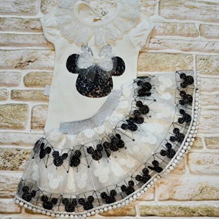 Lenaca 1-2-3 Yaş Payetli Mickey Nakışlı  Kısa Kollu Brode Etekli 2li Kız Bebek Takımı