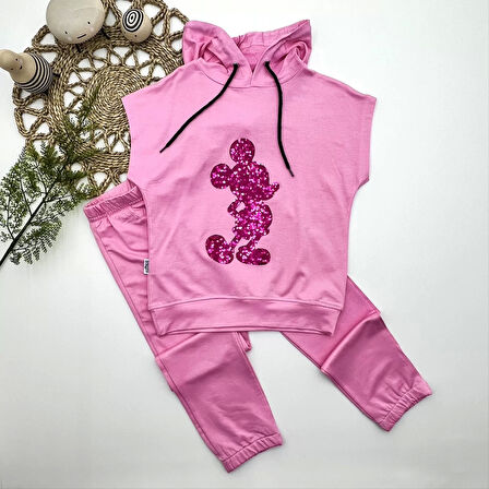 Lenaca 3-4-5 Yaş Kapşonlu Payetli Mickey Desenli Kısa Kol 2li Kız Erkek Çocuk Takımı