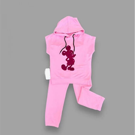 Lenaca 3-4-5 Yaş Kapşonlu Payetli Mickey Desenli Kısa Kol 2li Kız Erkek Çocuk Takımı