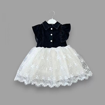 Lenaca 2-3-4 Yaş Astarlı Brode Etekli Kot Kumaş Düğmeli Kız Çocuk Elbisesi