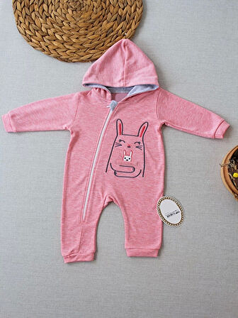 Lenaca 6-9 9-12 Ay Ef Çizgi Boy Fermuarlı Tavşan Nakışlı Kapşonlu Kız Erkek Bebek Tulumu
