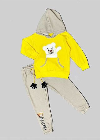 Lenaca 2-3-4 Yaş Pelüş Ayı Desenli Kapşonlu Uzun Kollu Penye Sweat 2li Erkek Çocuk Takımı