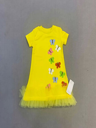 Lenaca 1-2-3 Yaş Renkli Kelebekler Nakışlı Eteği Fırfırlı Jile Çocuk Elbisesi