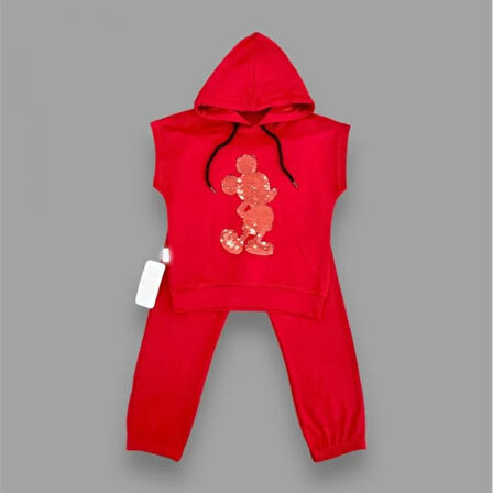 Lenaca 3-4-5 Yaş Kapşonlu Payetli Mickey Desenli Kısa Kol 2li Kız Erkek Çocuk Takımı