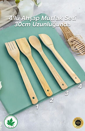 4'lü Tahta Yemek Gereçleri - 4 Boy Tahta Kaşık - Tahta Kaşık (28 Cm.-28 Cm.-32cm.)