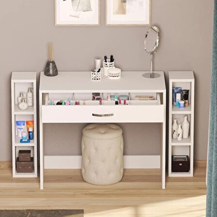 Arya Novella Raflı ve Çekmeceli Beyaz Makyaj Masası/Dresuar/Calışma Masası Make Up Desk