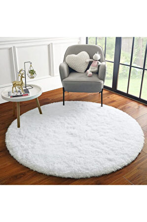 Yuvarlak Tüy Dökmez Tavşan Tüyü Post Halı Beyaz