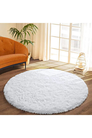 Yuvarlak Tüy Dökmez Tavşan Tüyü Post Halı Beyaz