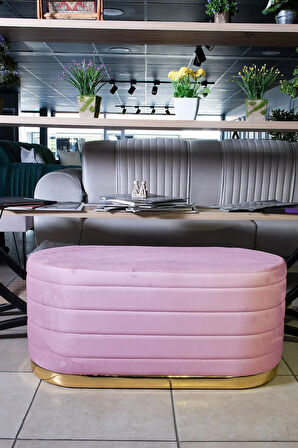 Lungo Long Line Pembe Puf Luxery Gold Kaplama Dekoratif Puf Koltuk