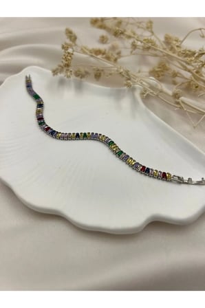 Renkli Baget Taşlı Klipsli Gümüş Renk Su Yolu Kadın Bileklik | Işıltılı Modern Taşlı Bileklik Modeli