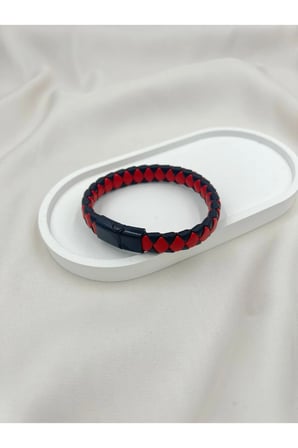 Siyah Kırmızı Örgü Deri Bileklik – Mıknatıslı Modern Erkek Kadın Unisex Bileklik