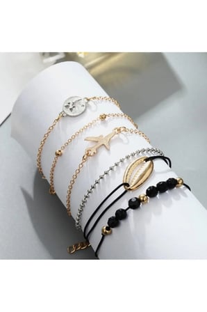 Altın Yıldız Kabuk Boncuk Seti Bileklik - Uçak ve Dünya Haritası Figürlü Çoklu Bileklik Seti – Gold Renk Deniz Kabuğu Detaylı Bohem Kadın Takı