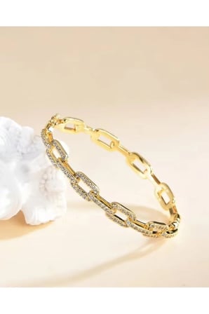 Altın Zirkon Halka Zincir Bileklik - Yarım Zirkon Taşlı Zincir Model Kelepçe Bileklik – Gold Renk Kararmaz Çelik Lüks Kombin Kadın Takı