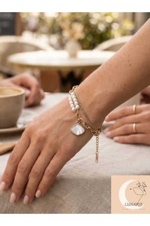 Asimetrik İncili Deniz Kabuğu Bileklik – 14K Gold Kararmaz Çelik Taşlı Katmanlı Kadın Bilekliği
