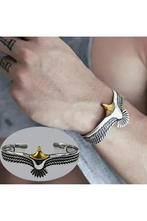 Kartal Figürlü Kelepçe Bileklik – Eskitme Gümüş ve Gold Renk Kararmaz Çelik Erkek Bilekliği
