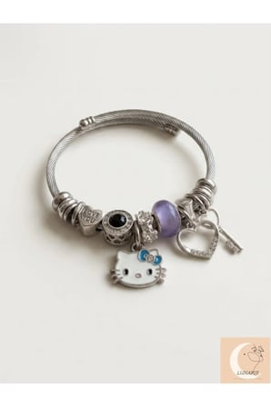 Hello Kitty Figürlü Dolu Charm Kelepçe Bileklik – Gümüş Renk Kararmaz Çelik Y2K Kadın Bilekliği