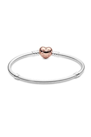 Rose Gold Pavé Kalp Klipsli Charm Bileklik – Çift Renk Kararmaz Çelik Ölçülü Kadın Bileklik