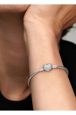 Pavé Zirkon Taşlı Kalp Klipsli Charm Bileklik – Gümüş Renk Kararmaz Çelik Kadın Bilekliği