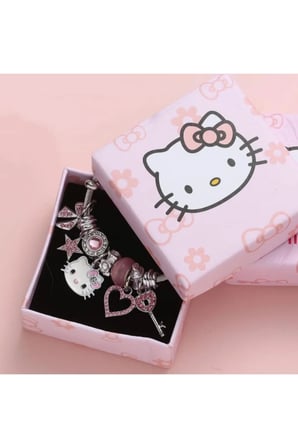 Pembe Hello Kitty Figürlü Dolu Charm Kelepçe Bileklik – Gümüş Renk Kararmaz Çelik Özel Kutulu Bileklik