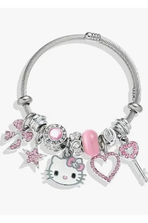 Pembe Hello Kitty Figürlü Dolu Charm Kelepçe Bileklik – Gümüş Renk Kararmaz Çelik Özel Kutulu Bileklik