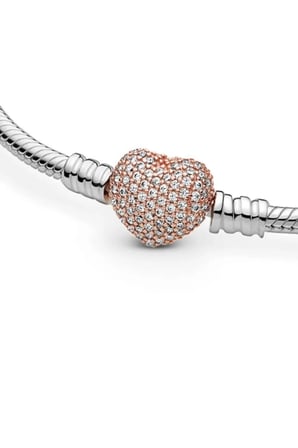 Pembe Taşlı Rose Gold Kalp Klipsli Charm Bileklik – Gümüş Renk Kararmaz Çelik Kadın Bilekliği