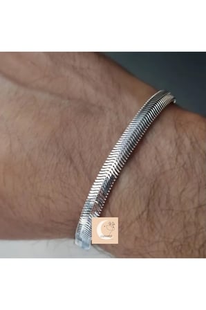 Gümüş Yılan Zincir Bileklik - İtalyan Yassı Ezme Zincir Bileklik – Gümüş Renk Kararmaz Çelik Klasik Kalın Unisex Bileklik